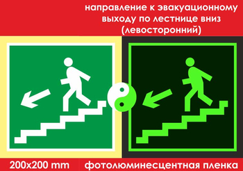 E14 направление к эвакуационному выходу по лестнице вниз (левосторонний)  (ГОСТ 34428-2018,фотолюминесцентная пленка, 200х200 мм) - Знаки безопасности - Фотолюминесцентные знаки - Магазин охраны труда ИЗО Стиль